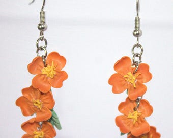 Delicate Hand Sculpted Orange Poppy Flowing Flower Dangle Earrings