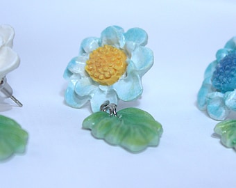 Handmade Wildflower Stud Earrings, Drop Dangle Leaf, Polymer Clay Flower Earrings