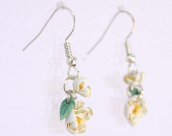 Moon-lit Pearl Earrings-Hand Sculpted Delicate Polymer Clay Magnolia Flower Hook Earrings
