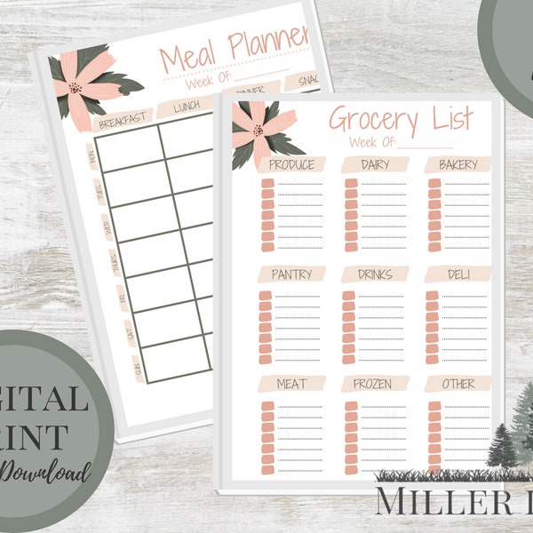 INSTANT DOWNLOAD - Weekly Meal Planner, Grocery List | Printable, Digital | Meal Prep | Grocery List Template | Organization Tools