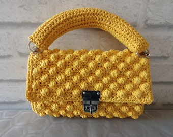 Beautiful unique handmade bright yellow stylish crochet bobble handbag purse/clutch/shoulder bag with matching crochet handle