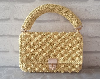 Beautiful unique handmade pale yellow stylish crochet bobble handbag purse/clutch/shoulder bag with matching crochet handle