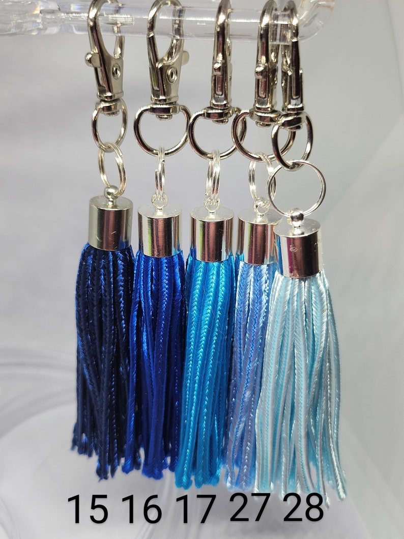 May include: Five blue and white tassel keychains with silver metal rings and clips. The tassels are arranged in a gradient from dark blue to light blue. The numbers 15, 16, 17, 27, and 28 are printed below the tassels.
