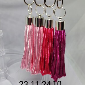 May include: Four silver keychains with pink, red, and purple tassels. The numbers 23, 11, 24, and 10 are printed below the tassels.