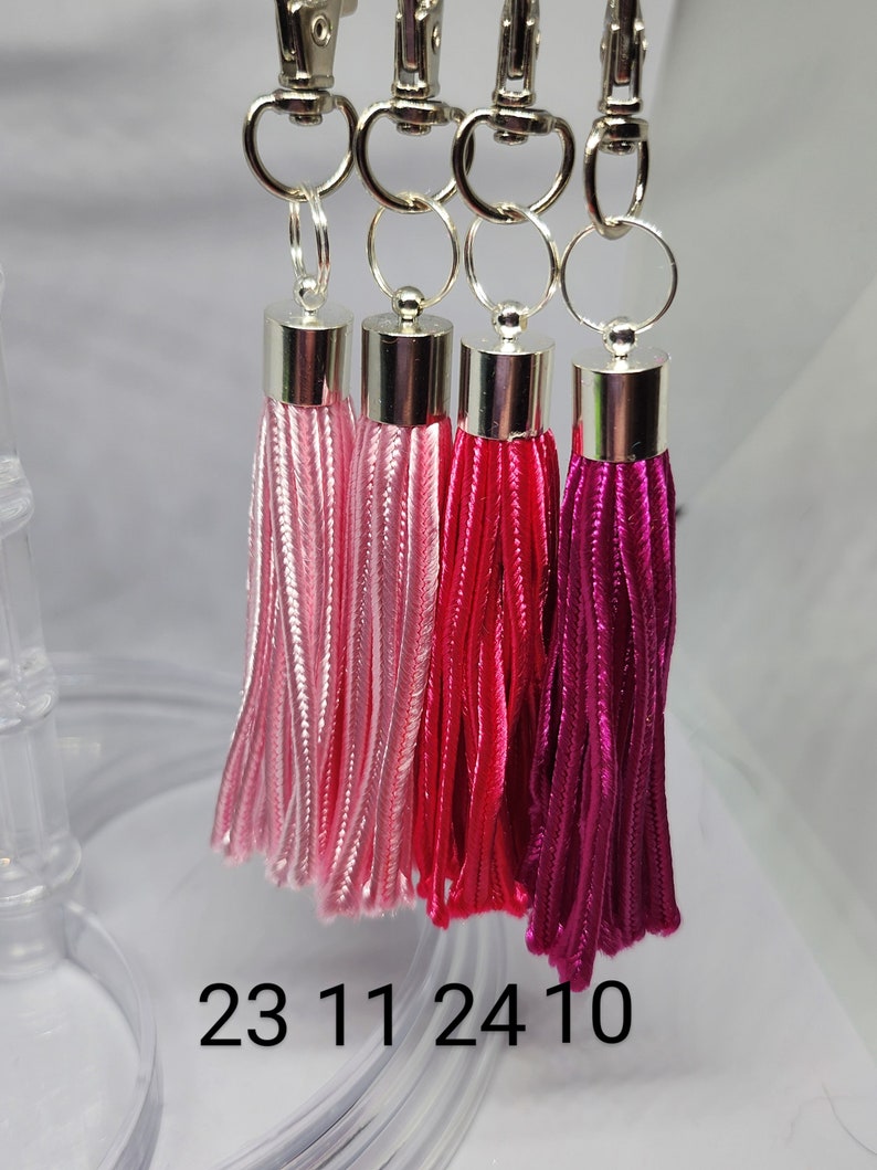 May include: Four silver keychains with pink, red, and purple tassels. The numbers 23, 11, 24, and 10 are printed below the tassels.