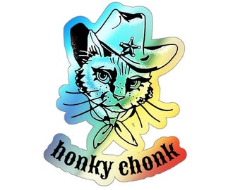 Honky Chonk Cowboy Katze Holographic Regenbogen Aufkleber | Lustige Katzen Western Geschenke für Gen-Z