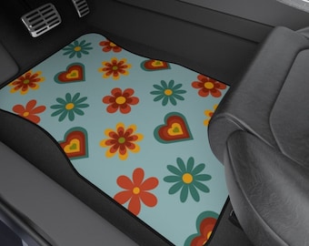 Groovy Flower Set of 2 Front Car Mats | Blue Heart Girly Car Accessories