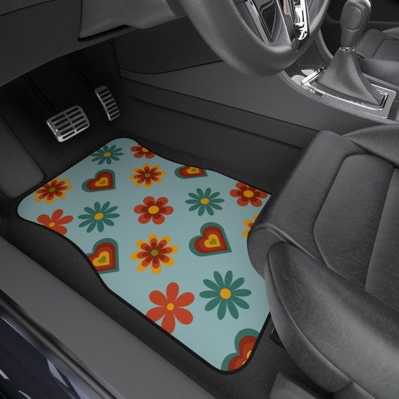 Groovy Flower Set of 2 Front Car Mats | Blue Heart Girly Car Accessories