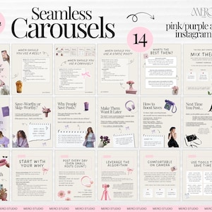 May include: A digital product featuring 14 pink and purple aesthetic Instagram post templates. The design includes the text "Seamless Carousels" and "pink/purple aesthetic instagram posts". Each template has a unique layout with text and graphics.