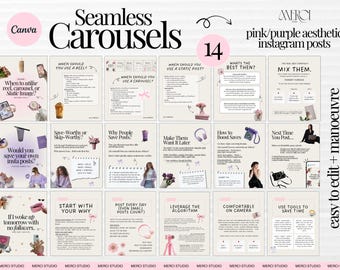 Pode incluir: Um produto digital com 14 modelos de posts para Instagram com estética rosa e roxa. O design inclui o texto "Seamless Carousels" e "pink/purple aesthetic instagram posts". Cada modelo tem um layout único com texto e gráficos.