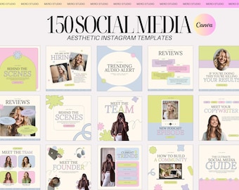 May include: A collection of 150 aesthetic Instagram templates for social media. The templates feature a variety of colors and designs, including pink, yellow, blue, and green. The templates are perfect for businesses and individuals who want to create eye-catching and engaging content for their social media.