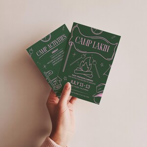 Uitnodigingssjabloon vrijgezellenfeest kamp met reisplan | Glamping vrijgezellenweekend | Bewerkbare canvassjabloon