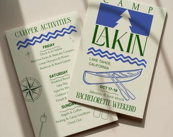 May include: Two cream-colored camp-themed event flyers. One lists "Camper Activities" with a schedule including "Camp Olympics" and "Barbecue." The other says "Camp Lakin" with a blue tree graphic and "Bachelorette Weekend."