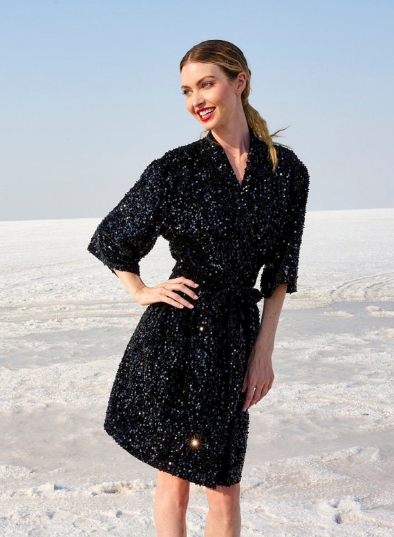 Black Velvet Sequin Robe: Bridal Party Dressing Gown