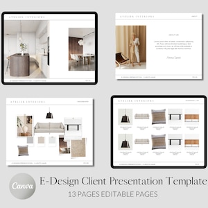 Könnte beinhalten: Eine 13-seitige E-Design-Kundenpräsentation Vorlage für Innenarchitekten. Die Vorlage zeichnet sich durch eine moderne Ästhetik mit einer neutralen Farbpalette aus und enthält Bilder von Möbeln, Beleuchtung und Dekoration. Die Vorlage ist vollständig editierbar und kann an Ihre Marke angepasst werden.