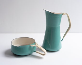 Dansk Kobenstyle MINT RARE Turquoise Enamel Pitcher and Butter Warmer / Gravy Server with Wrapped Handles Set