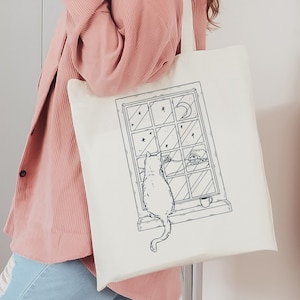 Aesthetic Tote Bag, Cat Tote Bag, Organic Tote Bag, Cat Lover Bag, Cat Shoulder Bag, The Moon Tote Bag, Tarot Card Tote Bag, Cat Owner Gift image 1