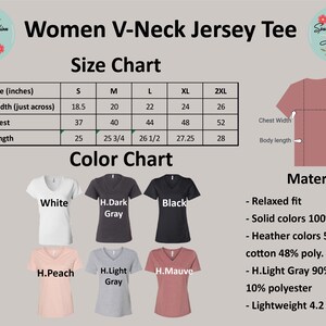 May include: Size chart for a women's V-neck jersey tee, showing measurements in inches for sizes S through 2XL. Color chart shows six colors: white, heather dark gray, black, heather peach, heather light gray, and heather mauve. Material information includes relaxed fit, 100% cotton for solid colors, 52% cotton and 48% polyester for heather colors, and 90% cotton and 10% polyester for heather light gray. Lightweight 4.2 oz.