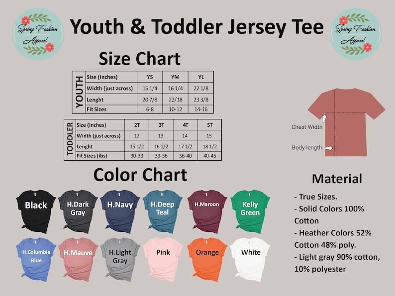 May include: Size chart for youth and toddler jersey tees, showing measurements in inches and pounds. Color chart with 10 different colors, including black, navy, teal, maroon, kelly green, pink, orange, and white. Material information: true sizes, solid colors 100% cotton, heather colors 52% cotton 48% polyester, light gray 90% cotton 10% polyester.