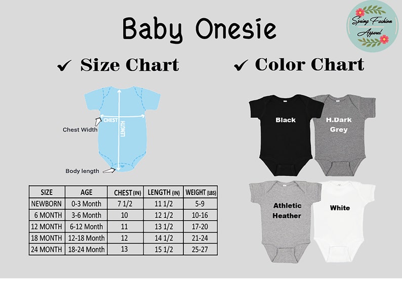 May include: Image of a baby onesie size and color chart. The size chart shows chest, length, and weight measurements in inches and pounds for newborns to 24-month-old babies. Color options include black, dark grey, athletic heather, and white.