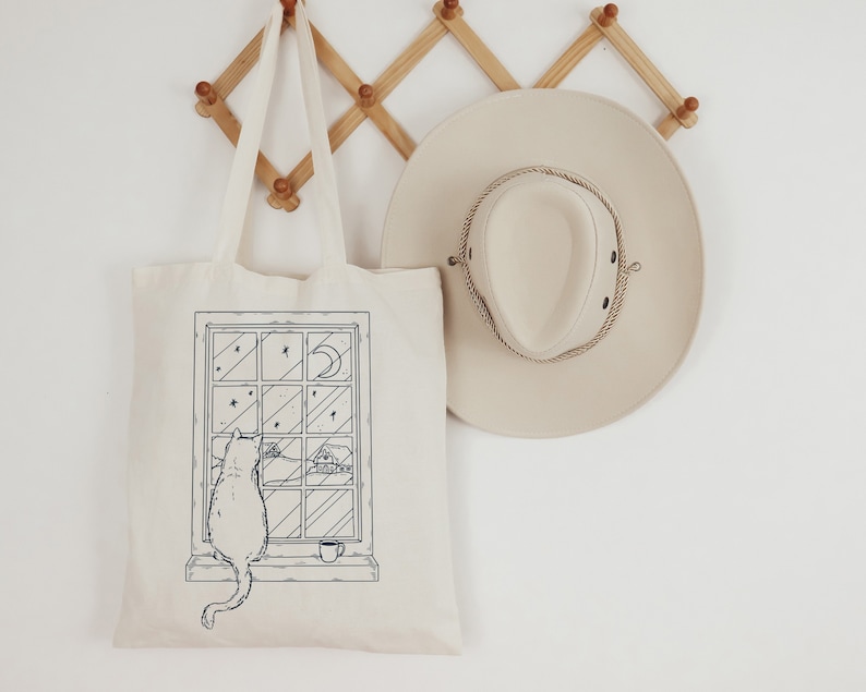 Aesthetic Tote Bag, Cat Tote Bag, Organic Tote Bag, Cat Lover Bag, Cat Shoulder Bag, The Moon Tote Bag, Tarot Card Tote Bag, Cat Owner Gift image 3