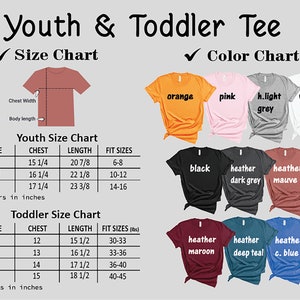 May include: Size chart for youth and toddler t-shirts. The chart shows chest and length measurements in inches, along with corresponding age ranges. The color chart shows various t-shirt colors, including orange, pink, light grey, white, black, heather dark grey, heather mauve, heather maroon, heather deep teal, and heather c. blue.