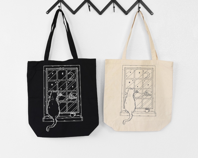 Aesthetic Tote Bag, Cat Tote Bag, Organic Tote Bag, Cat Lover Bag, Cat Shoulder Bag, The Moon Tote Bag, Tarot Card Tote Bag, Cat Owner Gift image 4