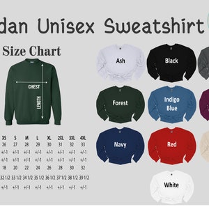 Peut inclure: Tableau des tailles pour sweat-shirts unisexes Gildan dans diff&eacute;rentes couleurs, notamment gris cendr&eacute;, noir, gris fonc&eacute; chin&eacute;, for&ecirc;t, bleu indigo, bordeaux, marine, rouge, sable et blanc. Le tableau indique les tailles XS &agrave; 4XL avec les mesures correspondantes pour la longueur du corps, la largeur de la poitrine et la longueur des manches en pouces.