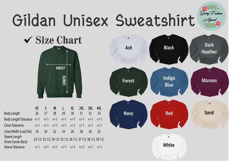 Peut inclure: Tableau des tailles pour sweat-shirts unisexes Gildan dans diff&eacute;rentes couleurs, notamment gris cendr&eacute;, noir, gris fonc&eacute; chin&eacute;, for&ecirc;t, bleu indigo, bordeaux, marine, rouge, sable et blanc. Le tableau indique les tailles XS &agrave; 4XL avec les mesures correspondantes pour la longueur du corps, la largeur de la poitrine et la longueur des manches en pouces.