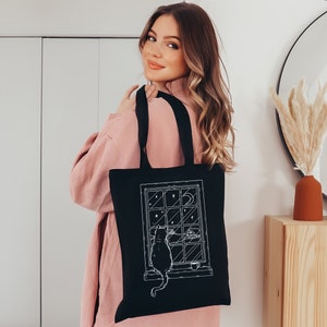 Aesthetic Tote Bag, Cat Tote Bag, Organic Tote Bag, Cat Lover Bag, Cat Shoulder Bag, The Moon Tote Bag, Tarot Card Tote Bag, Cat Owner Gift image 2