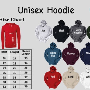 Peut inclure: Tableau des tailles pour sweat-shirt unisexe avec des mesures en pouces pour la poitrine, la longueur et la longueur des manches. Le tableau montre 10 couleurs de sweat-shirts diff&eacute;rentes&nbsp;: gris cendr&eacute;, noir, gris fonc&eacute;, vert for&ecirc;t, bleu indigo, bordeaux, marine, rouge, sable et blanc.