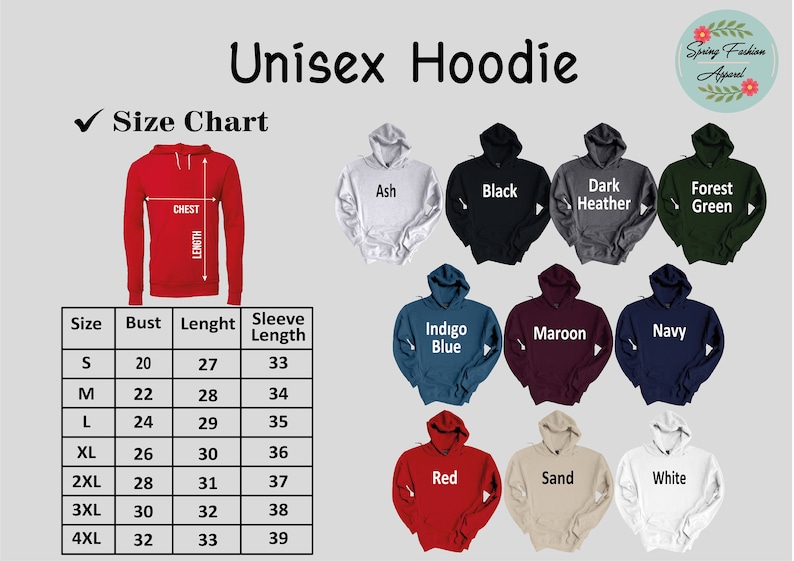 Peut inclure: Tableau des tailles pour sweat-shirt unisexe avec des mesures en pouces pour la poitrine, la longueur et la longueur des manches. Le tableau montre 10 couleurs de sweat-shirts diff&eacute;rentes&nbsp;: gris cendr&eacute;, noir, gris fonc&eacute;, vert for&ecirc;t, bleu indigo, bordeaux, marine, rouge, sable et blanc.