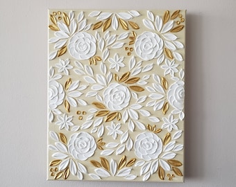 3D White Rose Gold Floral Canvas Art: Textured Living Room Wall Decor