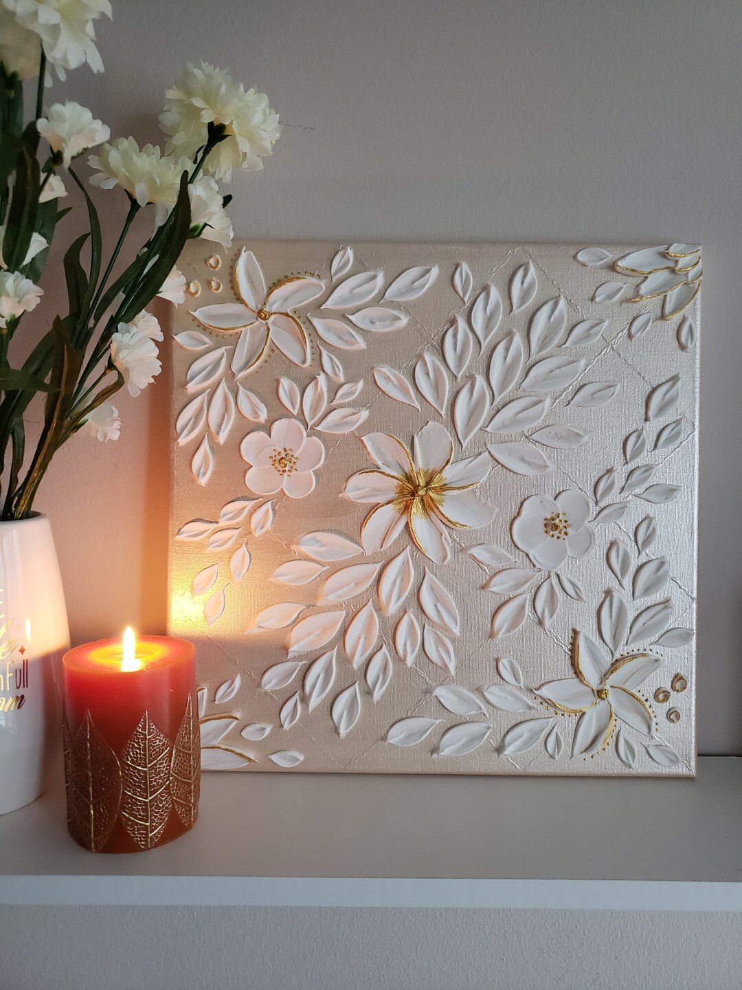 3D White and Gold Wall Art Textured Floral Canvas Painting White Floral ...