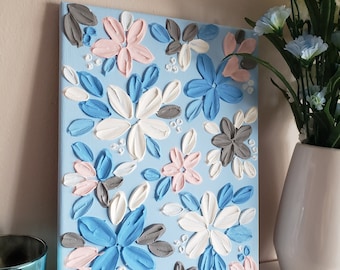 3D Floral Impasto Painting: Blue Flower Textured Canvas Art