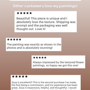 May include: Customer reviews for paintings. Five star reviews with text praising the quality, uniqueness, and shipping of the artwork.  The reviews mention the texture of the paintings and the artist's responsiveness.