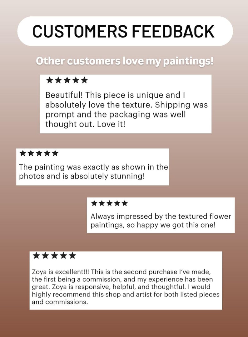May include: Customer reviews for paintings. Five star reviews with text praising the quality, uniqueness, and shipping of the artwork.  The reviews mention the texture of the paintings and the artist's responsiveness.