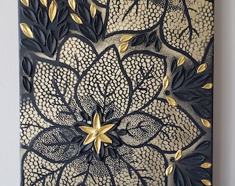 Black and Gold Floral Painting: 3D Textured Abstract Wall Art (16x20)
