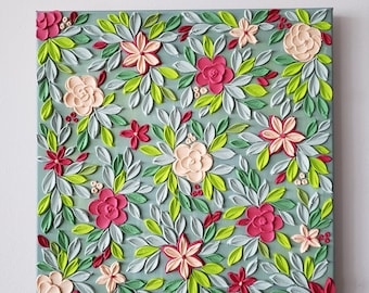 Spring Flowers Wall Art: 3D Textured Painting on Canvas (20x20)