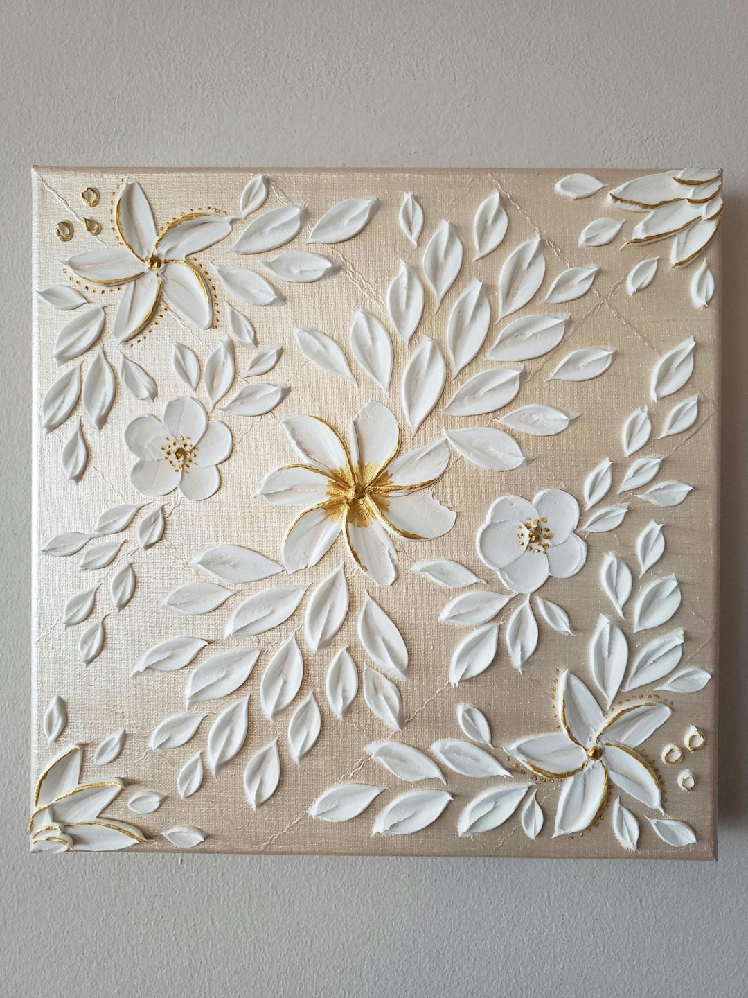 White Flower Painting 3D Canvas Textured Wall Art Gold Accent Floral ...