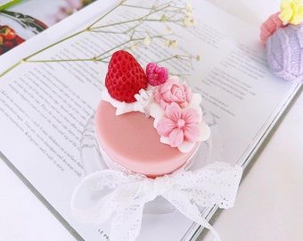 Strawberry Flower Cake Candle | 100% Soy Wax, Dessert Candle, Home decor