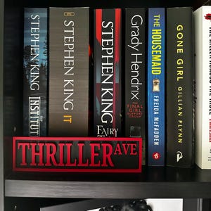 May include: A bookshelf with several hardcover books, including titles by Stephen King and Gillian Flynn. A red and black sign that reads "THRILLER AVE" is on the shelf, indicating a theme of suspense and thriller novels.
