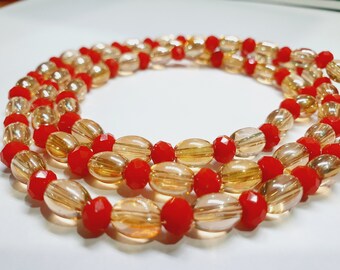 Gold and Red Elastic African Waist Beads | Transparent Crystal Glass Rondelle Beads |Waist Beads |Belly Chain |Belly Beads |Belly Jewelry