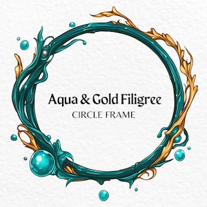 Puede incluir: Un marco circular de filigrana azul verdoso y dorado con el texto "Aqua & Gold Filigree Circle Frame".