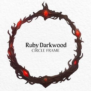 Peut inclure: Un cadre circulaire en bois foncé avec des pierres précieuses rubis rouges. Le texte "Ruby Darkwood Circle Frame" est au centre du cadre.