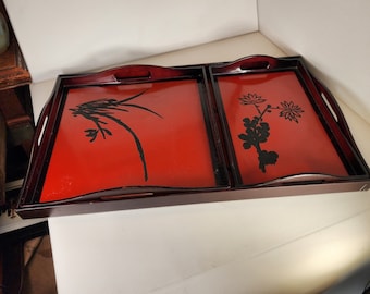 Vintage Asian Lacquer Engraved Serving Tray Set