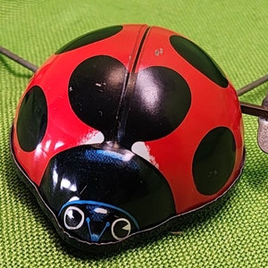 May include: A red and black wind-up ladybug toy with black spots. The ladybug has a black head with white eyes and a blue mouth.