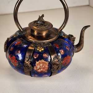 Vintage Porcelain and Brass Teapot Decorative only