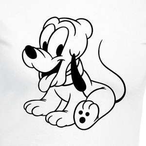 May include: Black and white illustration of a cartoon puppy sitting on a white t-shirt.