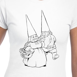 May include: Black and white line drawing of a couple of gnomes. The female gnome is holding a basket and the male gnome is holding his hand to his mouth as if he is whispering something to her.